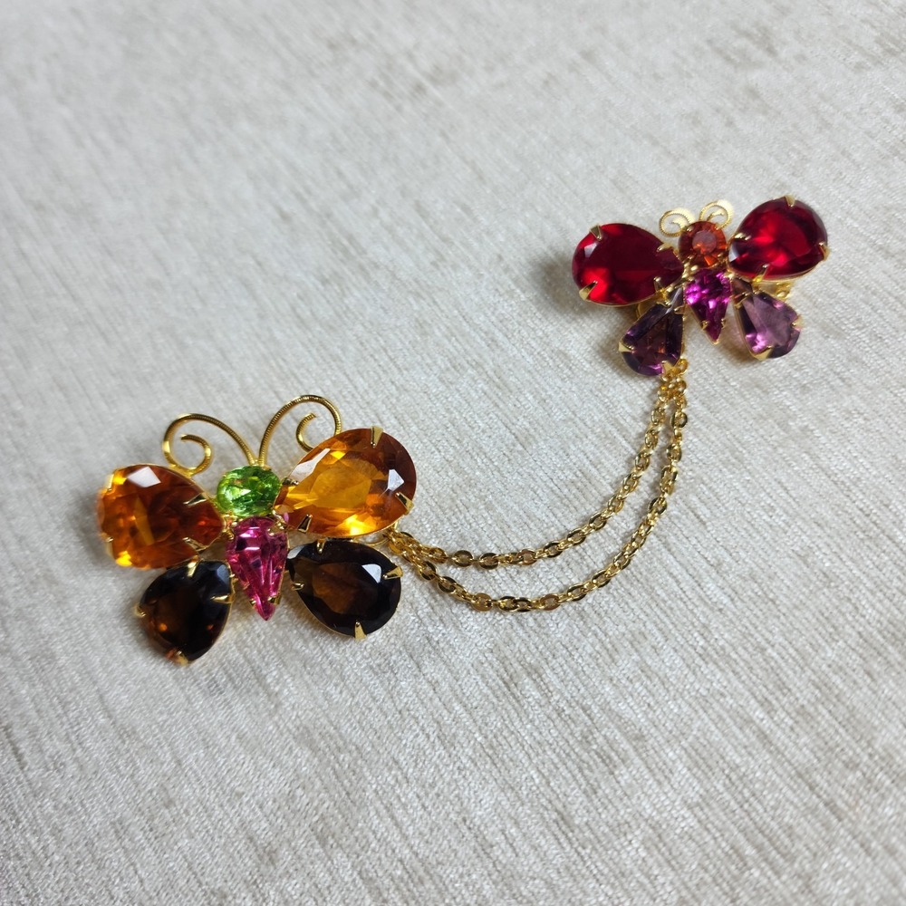 Joan Rivers Colorful Double Butterfly Chatelaine Pin Brooch Signed GoldTone